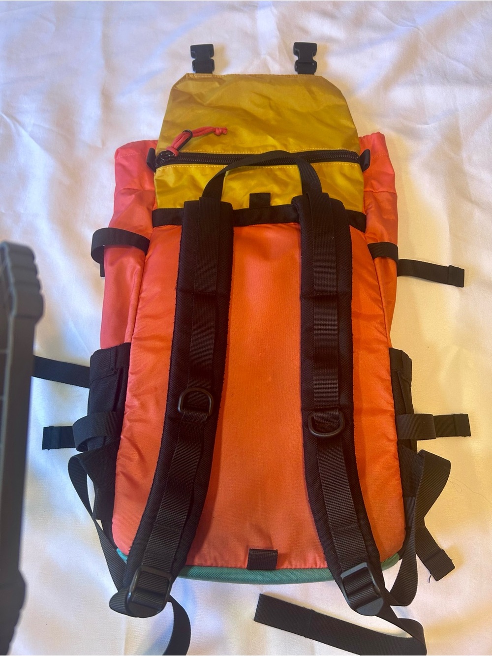Topo Designs Rover Pack Classic Colorblock Roll-Top BackpackCoral, Teal & Yellow - Picture 4 of 8
